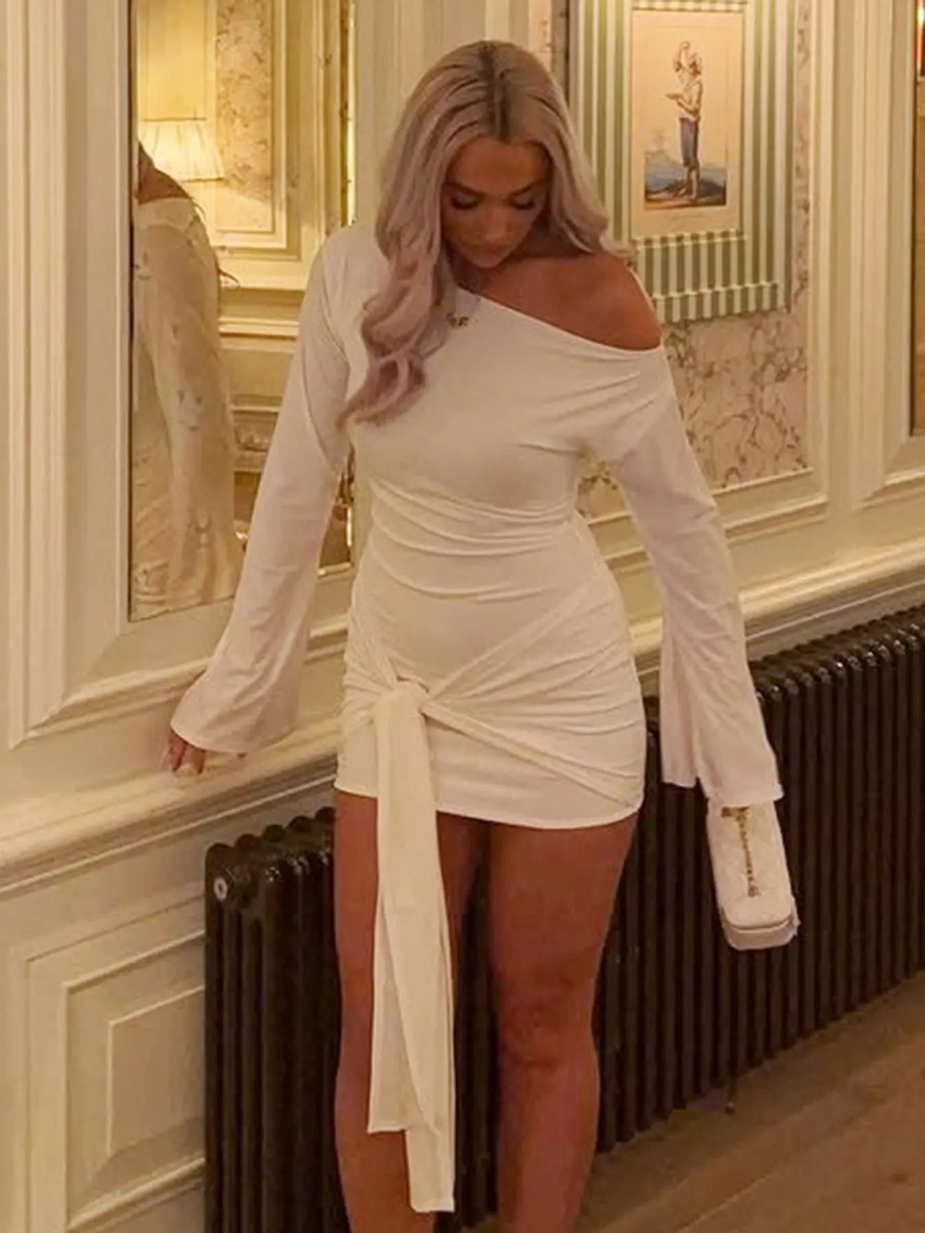 Elegant Asymmetrical Long Sleeve Maxi Dress, Tie Wedding Gown, Spring & Fall Women'S Fashion, Party Wear, Chic Design
