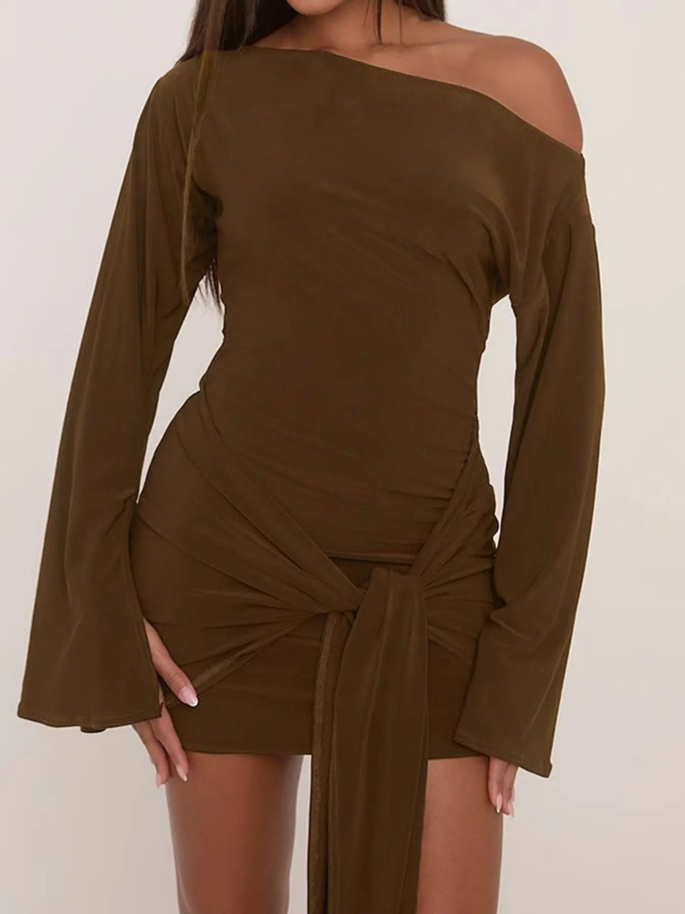 Elegant Asymmetrical Long Sleeve Maxi Dress, Tie Wedding Gown, Spring & Fall Women'S Fashion, Party Wear, Chic Design