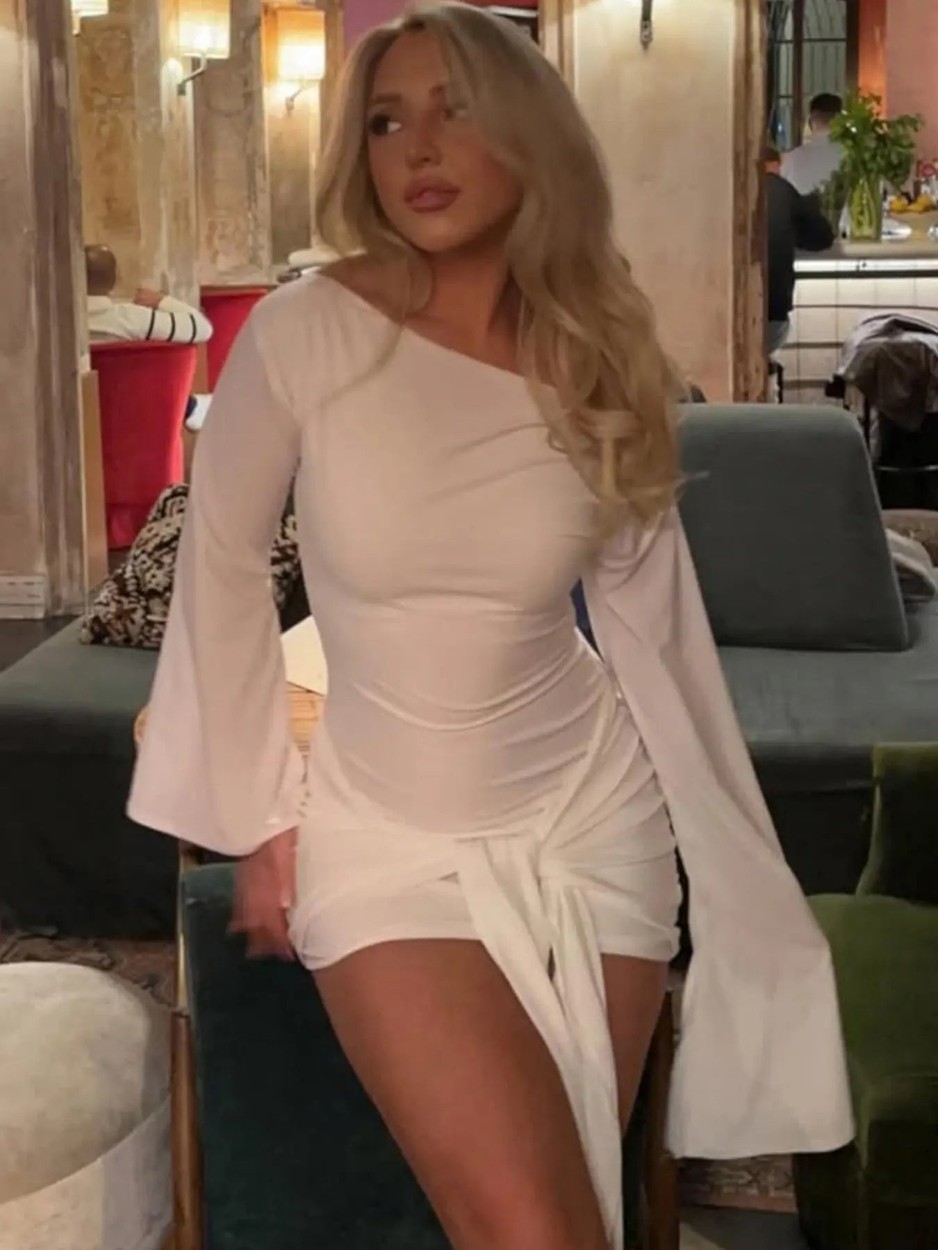 Elegant Asymmetrical Long Sleeve Maxi Dress, Tie Wedding Gown, Spring & Fall Women'S Fashion, Party Wear, Chic Design